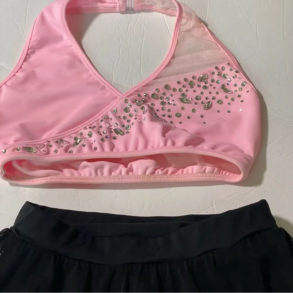LA dance solo custom pink top 2 piece rhinestoned costume illusion SA adult